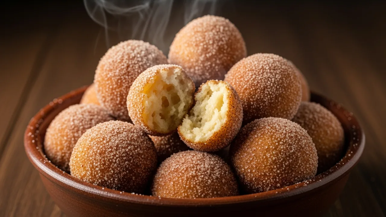Close-up de bolinhos de fubá para fritar dourados e crocantes, empilhados em uma tigela. Um bolinho está partido ao meio, revelando sua massa macia e fofinha por dentro.