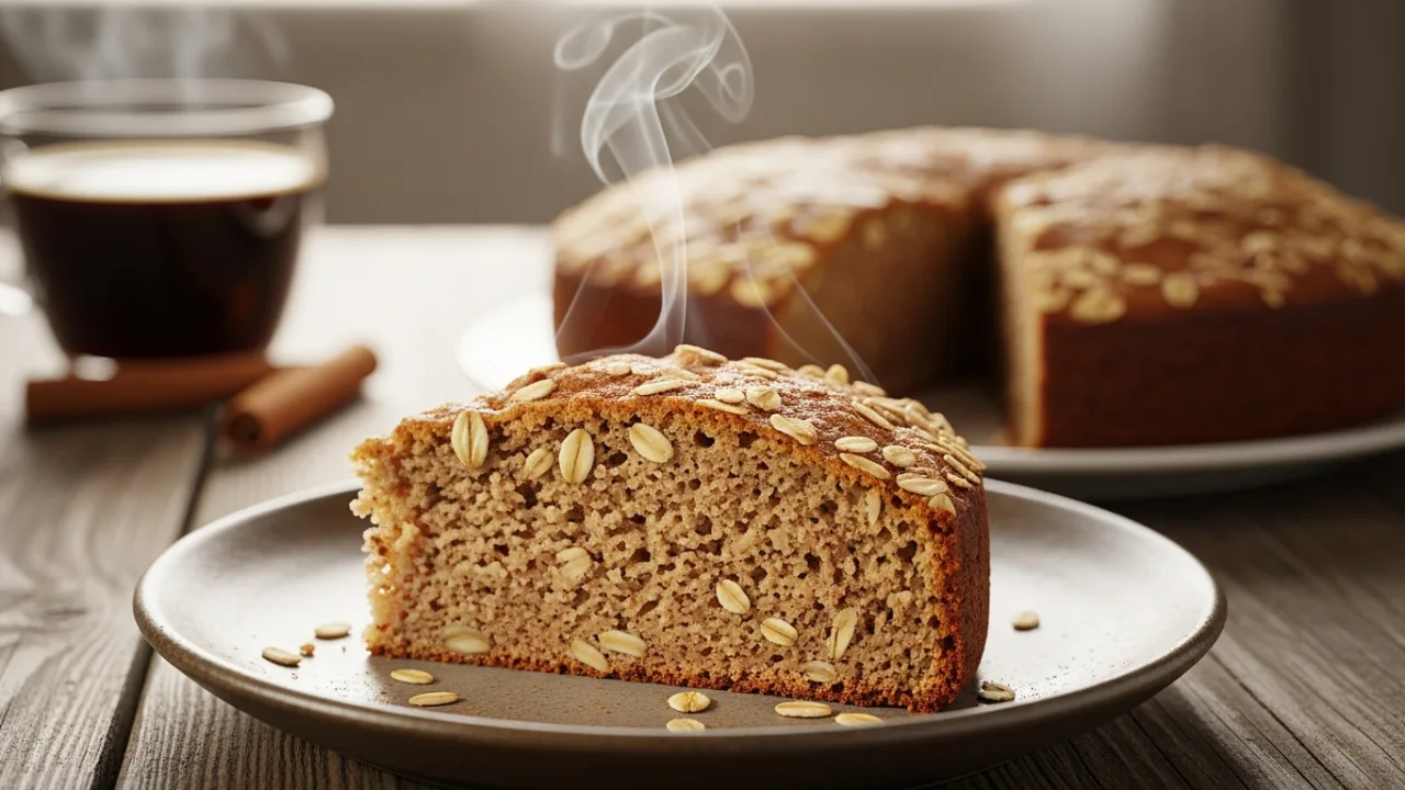 Close-up de uma fatia fofinha de bolo de banana e aveia, mostrando a massa úmida e a casca dourada, servida em um prato de cerâmica sobre uma mesa de madeira.