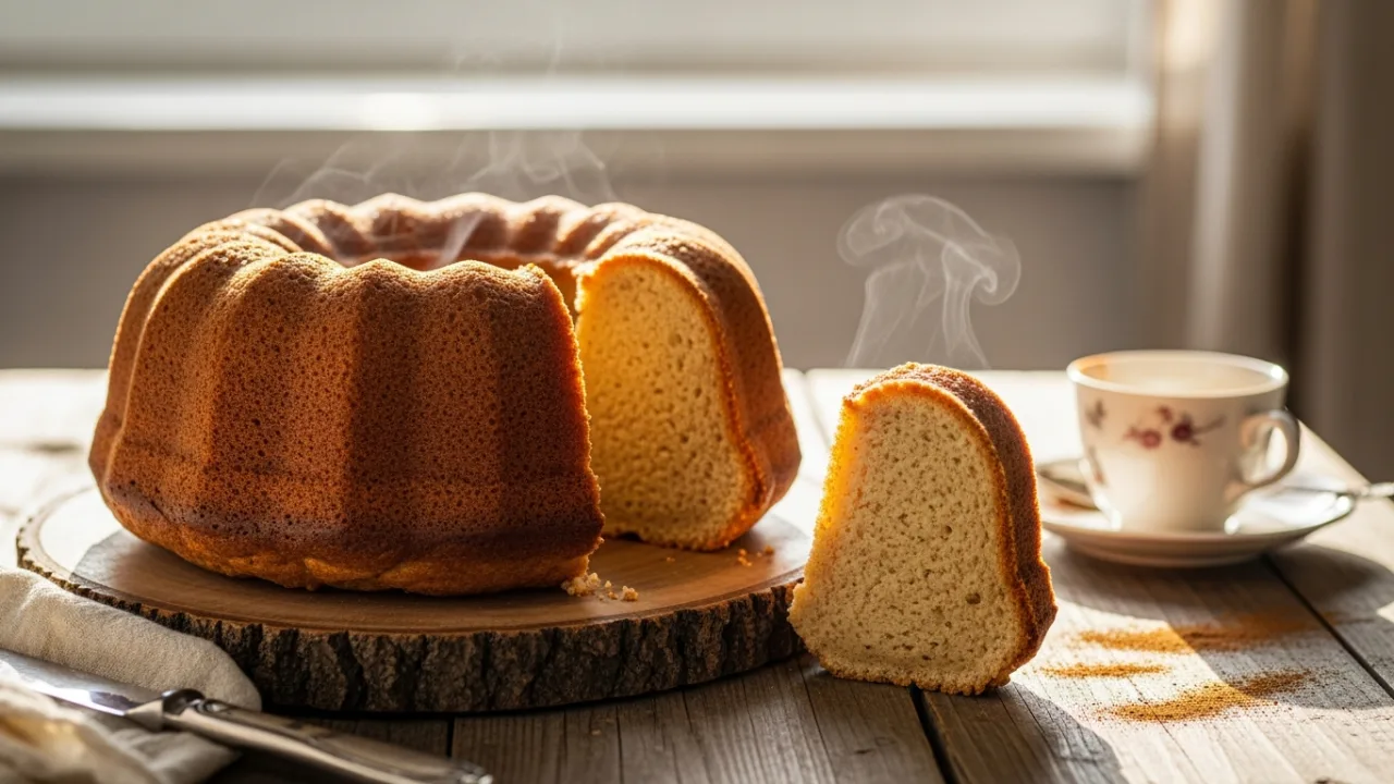 Bolo de banana de liquidificador inteiro com casquinha dourada, uma fatia foi cortada ao lado revelando a massa fofinha e úmida do bolo, servido em uma mesa de madeira.
