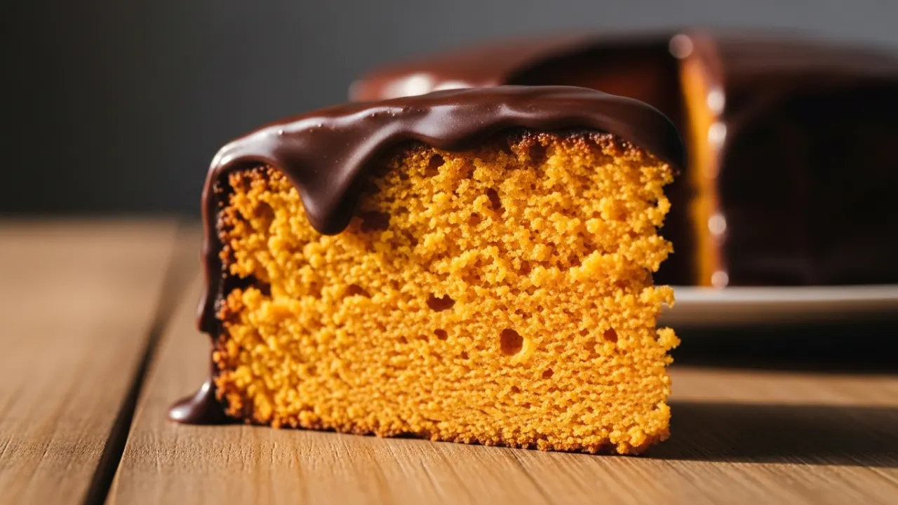 Fatia de bolo de cenoura fofinho de liquidificador com massa laranja vibrante e cobertura de chocolate brilhante escorrendo em um prato.