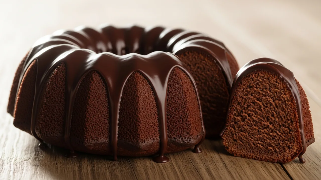 Bolo de chocolate de liquidificador fofinho inteiro, com uma fatia ao lado revelando a massa úmida. O bolo tem uma cobertura de chocolate brilhante escorrendo pelas laterais e está servido em uma mesa de madeira.