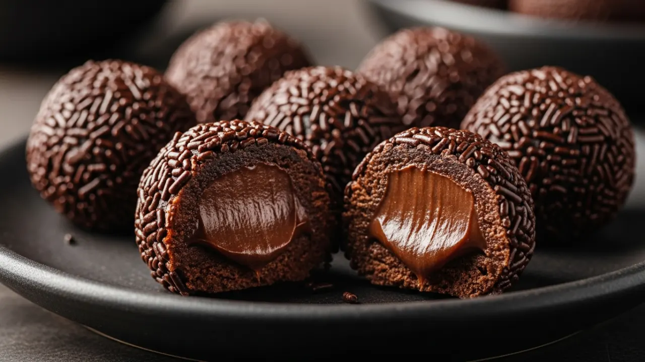 Close-up de brigadeiros fáceis tradicionais, brilhantes e cobertos com granulado de chocolate, dispostos em um prato. Um dos brigadeiros está cortado ao meio, mostrando a textura cremosa por dentro.