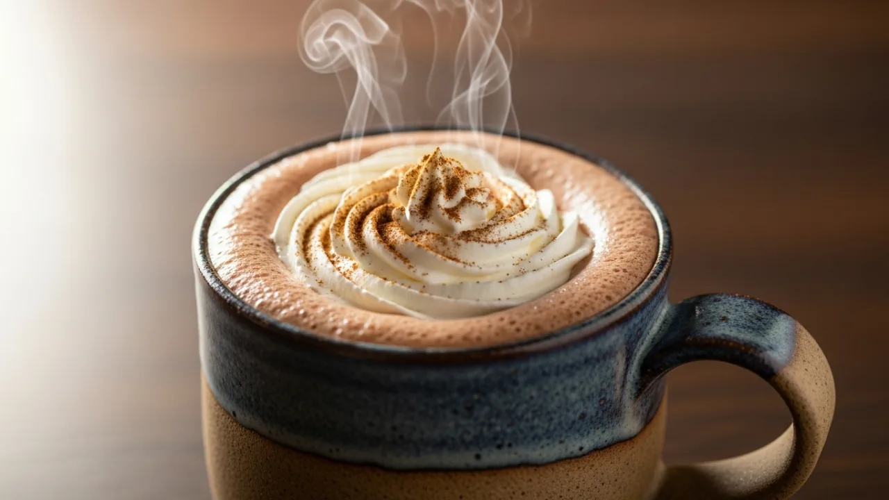 Caneca de cerâmica com chocolate quente cremoso fumegante, finalizado com um redemoinho de chantilly e canela em pó por cima.