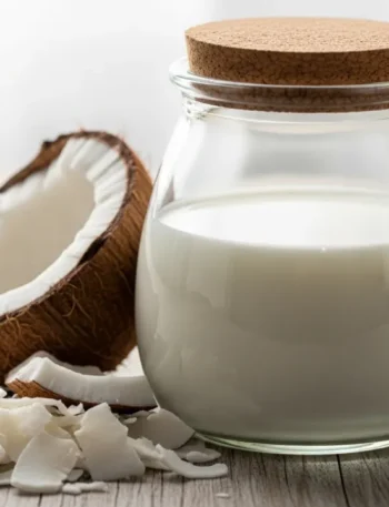 Jarra de vidro com leite de coco caseiro, branco e cremoso, ao lado de pedaços de coco fresco sobre uma superfície de madeira clara.