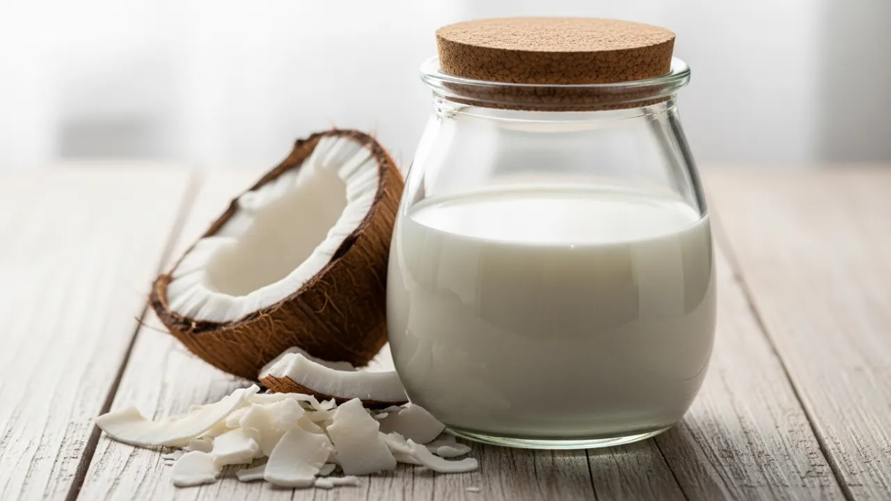 Jarra de vidro com leite de coco caseiro, branco e cremoso, ao lado de pedaços de coco fresco sobre uma superfície de madeira clara.