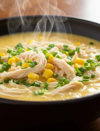 Close-up de uma tigela de cerâmica com creme de galinha bem cremoso, mostrando frango desfiado e um toque de cheiro-verde por cima, servido quente.
