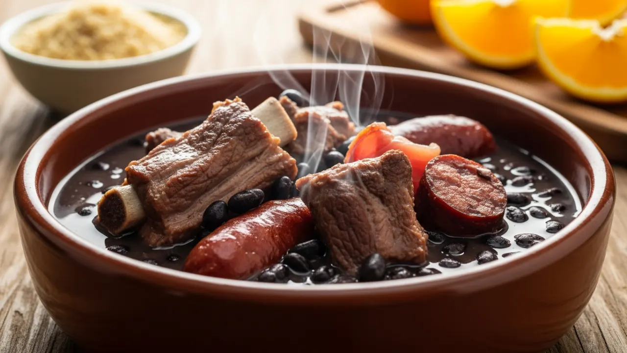 Tigela de barro rústica com uma feijoada tradicional brasileira, com caldo escuro e brilhante e pedaços de carne como linguiça e costelinha aparentes.