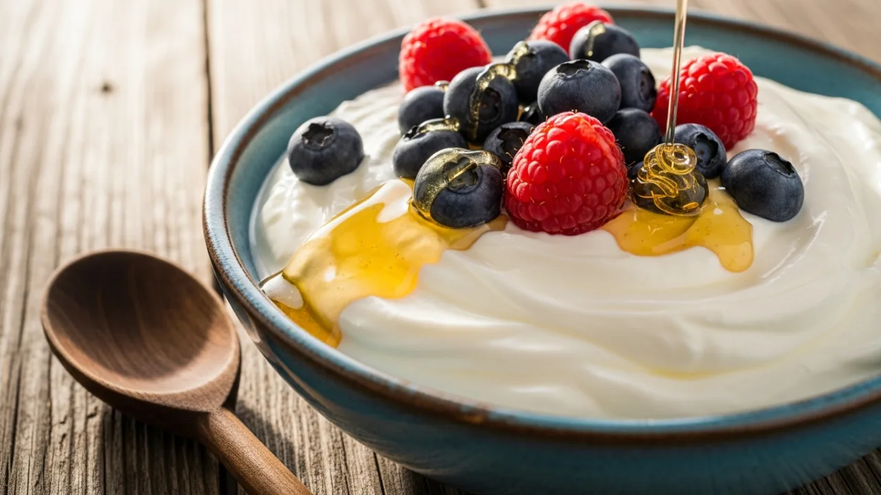 Close-up de uma tigela de cerâmica com iogurte grego caseiro cremoso, coberto com um fio de mel dourado e frutas vermelhas frescas, como mirtilos e framboesas.