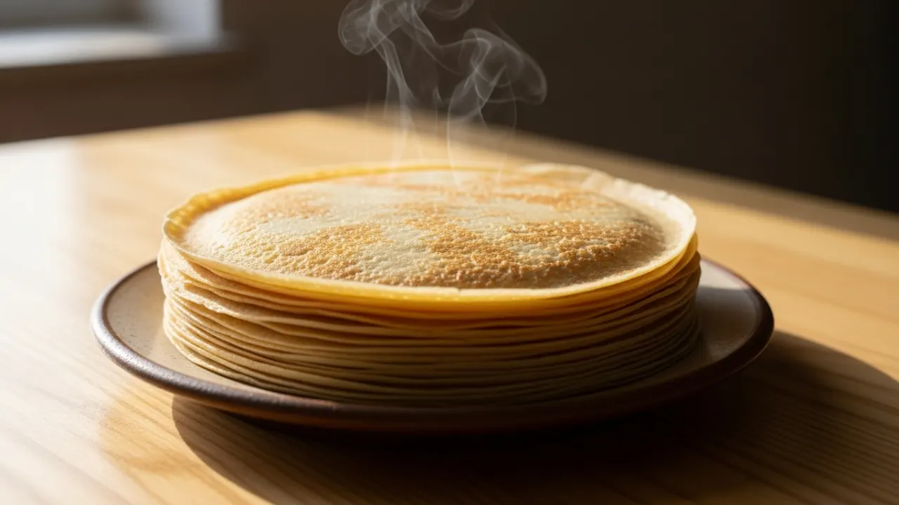 Pilha de panquecas fininhas e douradas, recém-feitas, em um prato, mostrando a textura macia da massa de panqueca simples que não quebra.