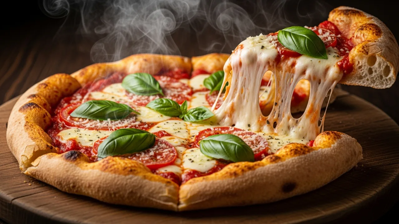 Uma mão puxando uma fatia de pizza caseira, criando um fio de queijo derretido. A pizza tem uma borda alta e dourada, feita com a receita de massa de pizza caseira fácil e macia.