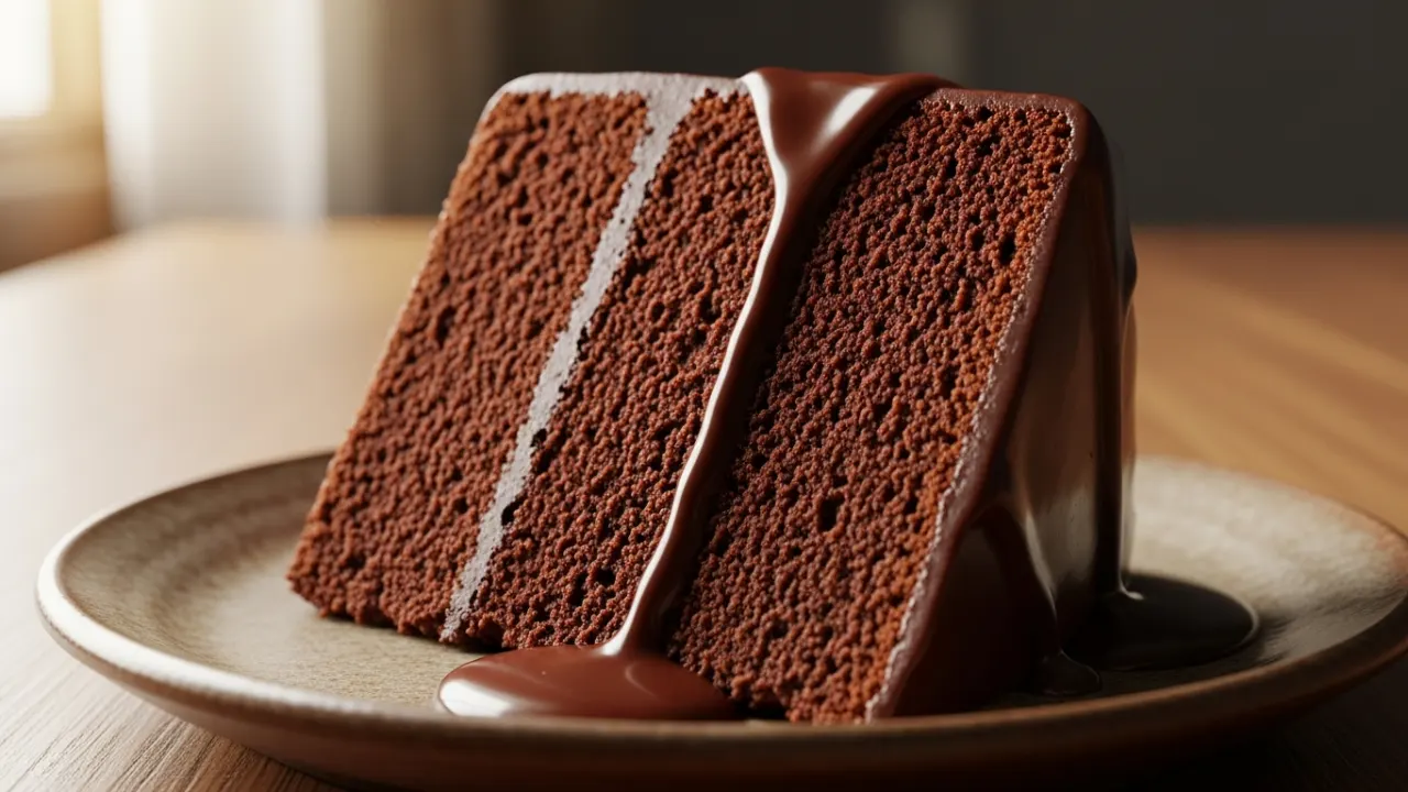 Close-up de uma fatia generosa do melhor bolo de chocolate fofinho e úmido, com uma calda de chocolate brilhante escorrendo lentamente pela lateral em um prato rústico.