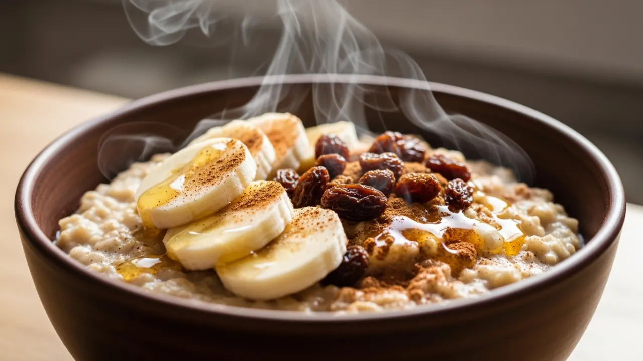 Tigela de mingau de aveia cremoso e quentinho, decorado com rodelas de banana fresca, mel escorrendo e um toque de canela em pó.