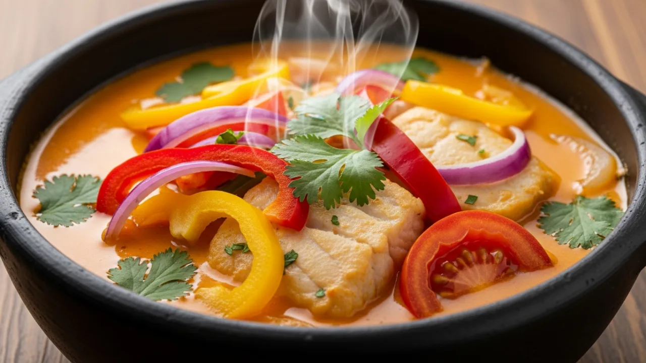 Close-up de uma muqueca baiana cremosa e colorida servida em uma panela de barro preta, mostrando postas de peixe branco, pimentões e coentro fresco no caldo laranja vibrante de dendê.