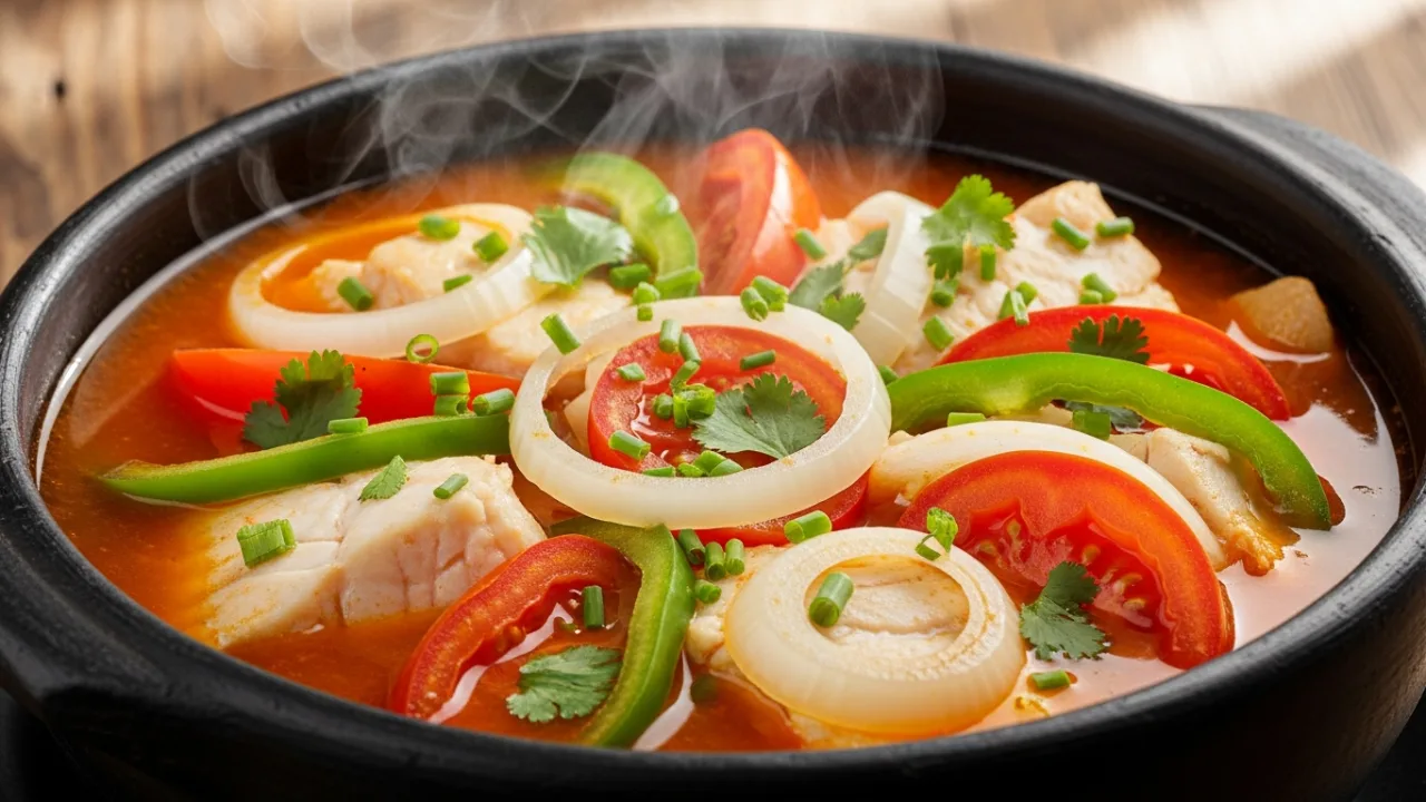 Close-up de uma muqueca capixaba tradicional servida bem quente em uma panela de barro preta. Postas de peixe branco, rodelas de tomate e cebola são visíveis no caldo vibrante, com coentro fresco por cima.