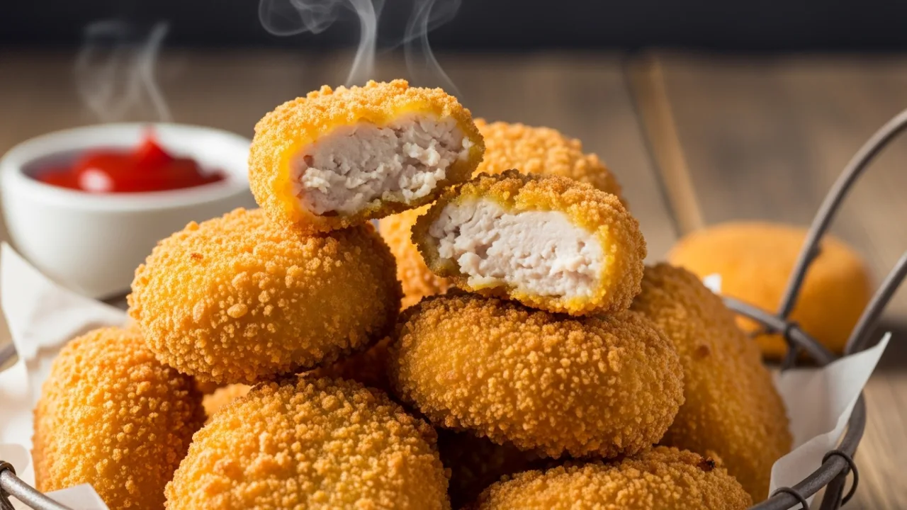 Close-up de vários nuggets caseiro crocantes e dourados, servidos em uma cesta, com um deles partido ao meio revelando o recheio macio de frango.