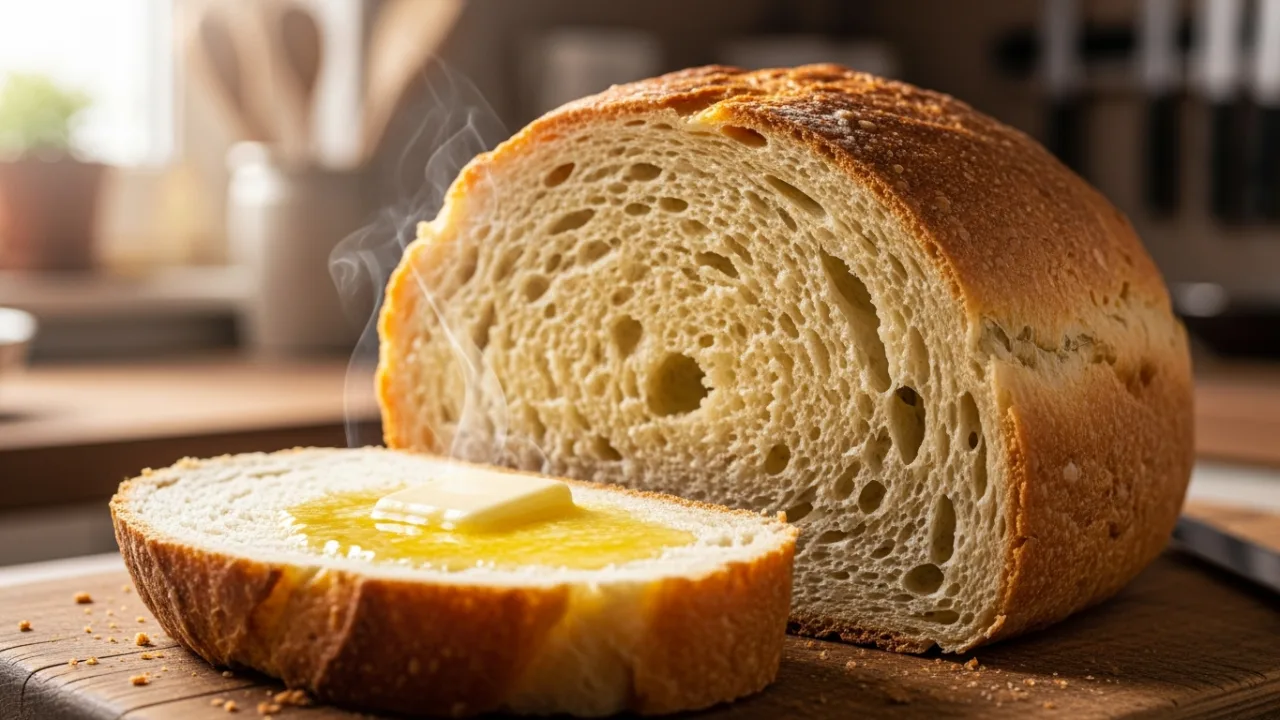 Close-up de um pão caseiro fofinho com casca dourada sobre uma tábua de madeira. Uma fatia foi cortada, revelando o miolo macio, com manteiga derretendo sobre ela.