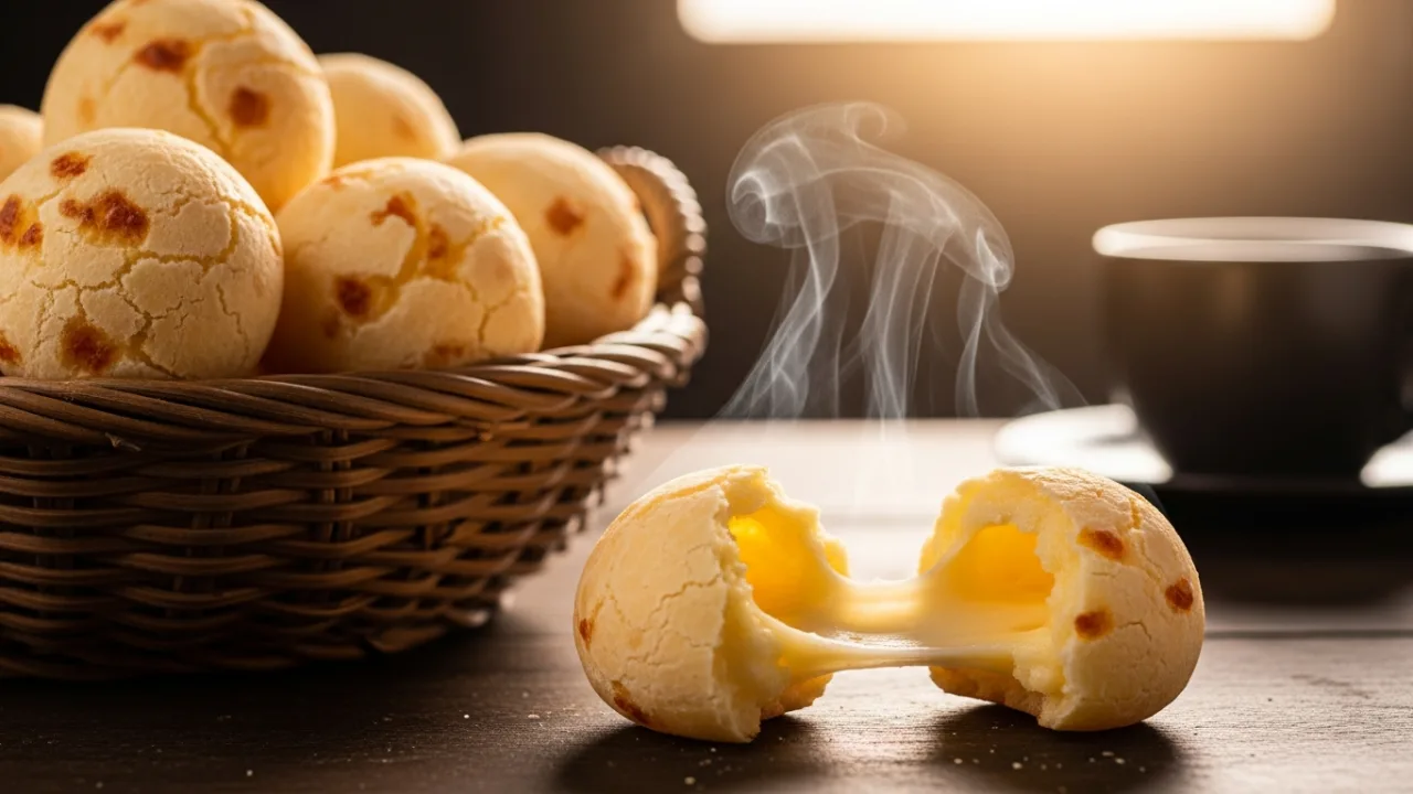 Pães de queijo dourados e quentinhos em uma cesta, com um partido ao meio mostrando o interior com queijo elástico, representando a receita de pão de queijo fácil e delicioso.