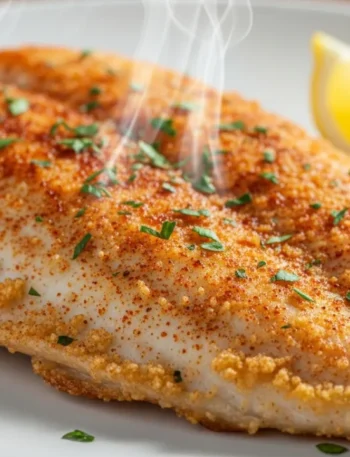 Close-up de um filé de peixe na airfryer suculento, exibindo uma casquinha dourada perfeita, servido em um prato com uma fatia de limão ao lado.