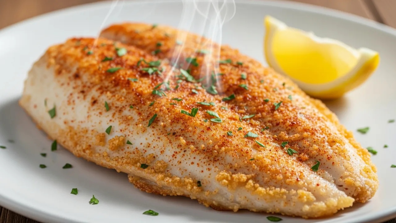 Close-up de um filé de peixe na airfryer suculento, exibindo uma casquinha dourada perfeita, servido em um prato com uma fatia de limão ao lado.