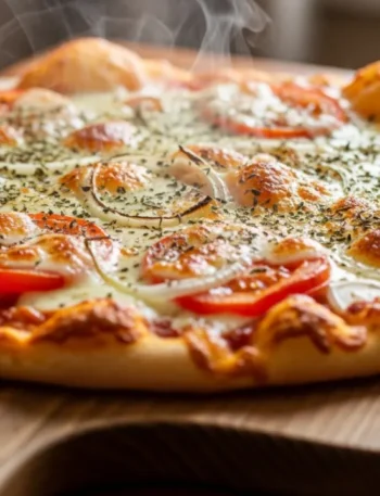 Pizza caseira inteira, recém-saída do forno, com queijo muçarela borbulhante e dourado, borda alta e macia, e fatias de tomate e orégano por cima.