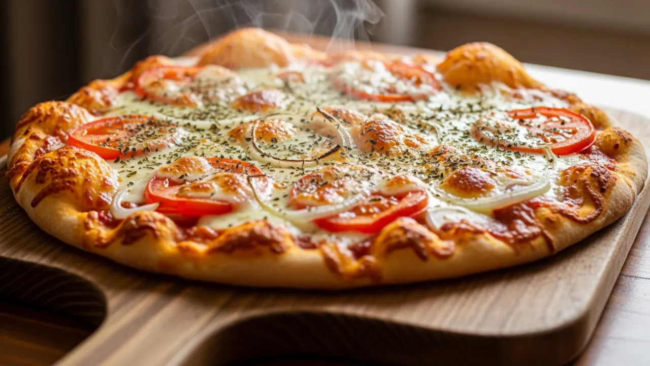 Pizza caseira inteira, recém-saída do forno, com queijo muçarela borbulhante e dourado, borda alta e macia, e fatias de tomate e orégano por cima.