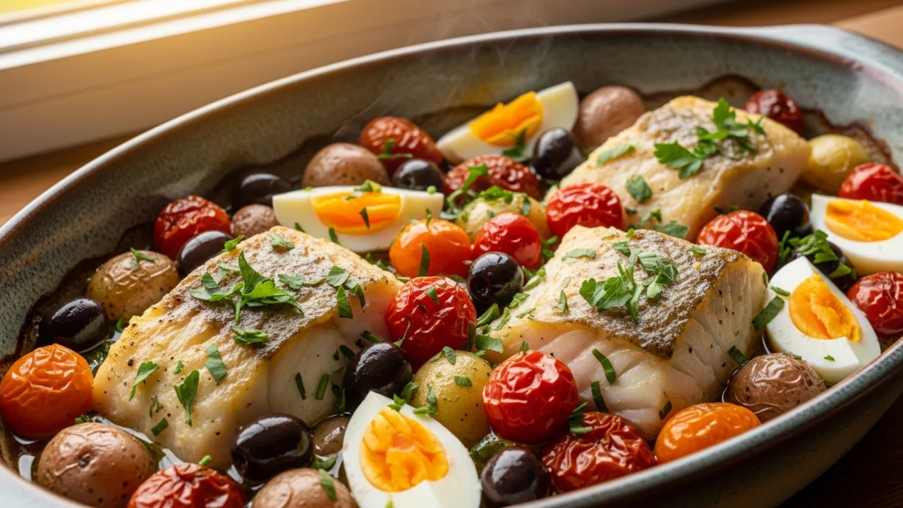 Bacalhau ao forno dourado em uma travessa de cerâmica, mostrando as postas suculentas sobre batatas, com azeitonas, ovos e tomate-cereja.