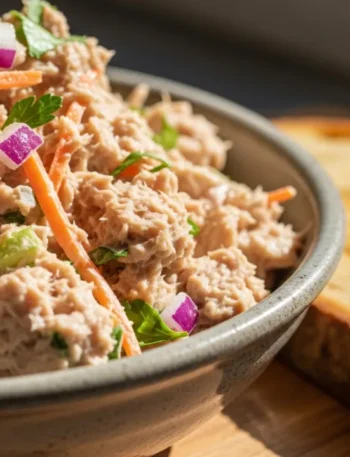 Close-up de uma porção de atum cremoso em uma tigela, mostrando a textura com pedaços de atum, cenoura ralada e salsinha, ideal para a receita de atum para sanduíche.