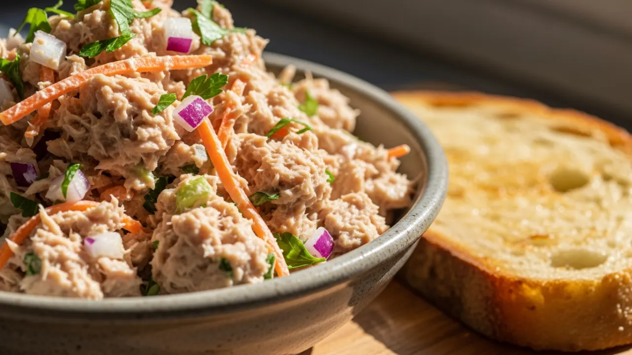Close-up de uma porção de atum cremoso em uma tigela, mostrando a textura com pedaços de atum, cenoura ralada e salsinha, ideal para a receita de atum para sanduíche.
