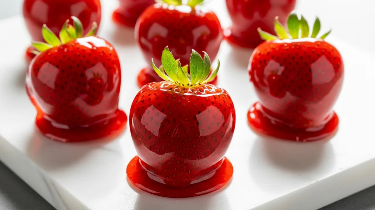 Close-up de vários morangos do amor com uma casquinha de caramelo vermelha, brilhante e crocante, espetados em palitos e dispostos sobre uma superfície clara.