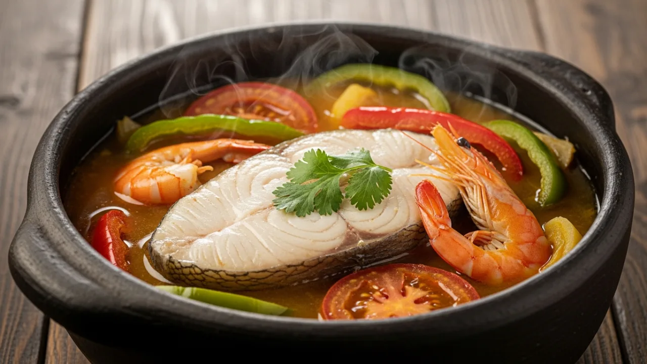 Close-up de uma panela de barro com uma generosa porção de Peixada Catarinense. Postas de peixe branco, camarões, pimentões e tomates estão imersos em um caldo dourado e fumegante, com coentro fresco salpicado por cima.