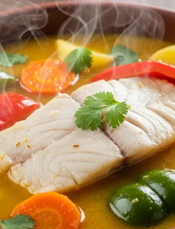 Close-up de uma peixada cearense tradicional servida em um prato fundo, mostrando uma posta de peixe branco macio imersa em um caldo dourado e cremoso com legumes coloridos como pimentão e cenoura.