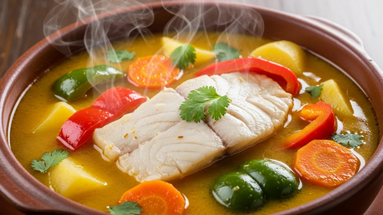 Close-up de uma peixada cearense tradicional servida em um prato fundo, mostrando uma posta de peixe branco macio imersa em um caldo dourado e cremoso com legumes coloridos como pimentão e cenoura.
