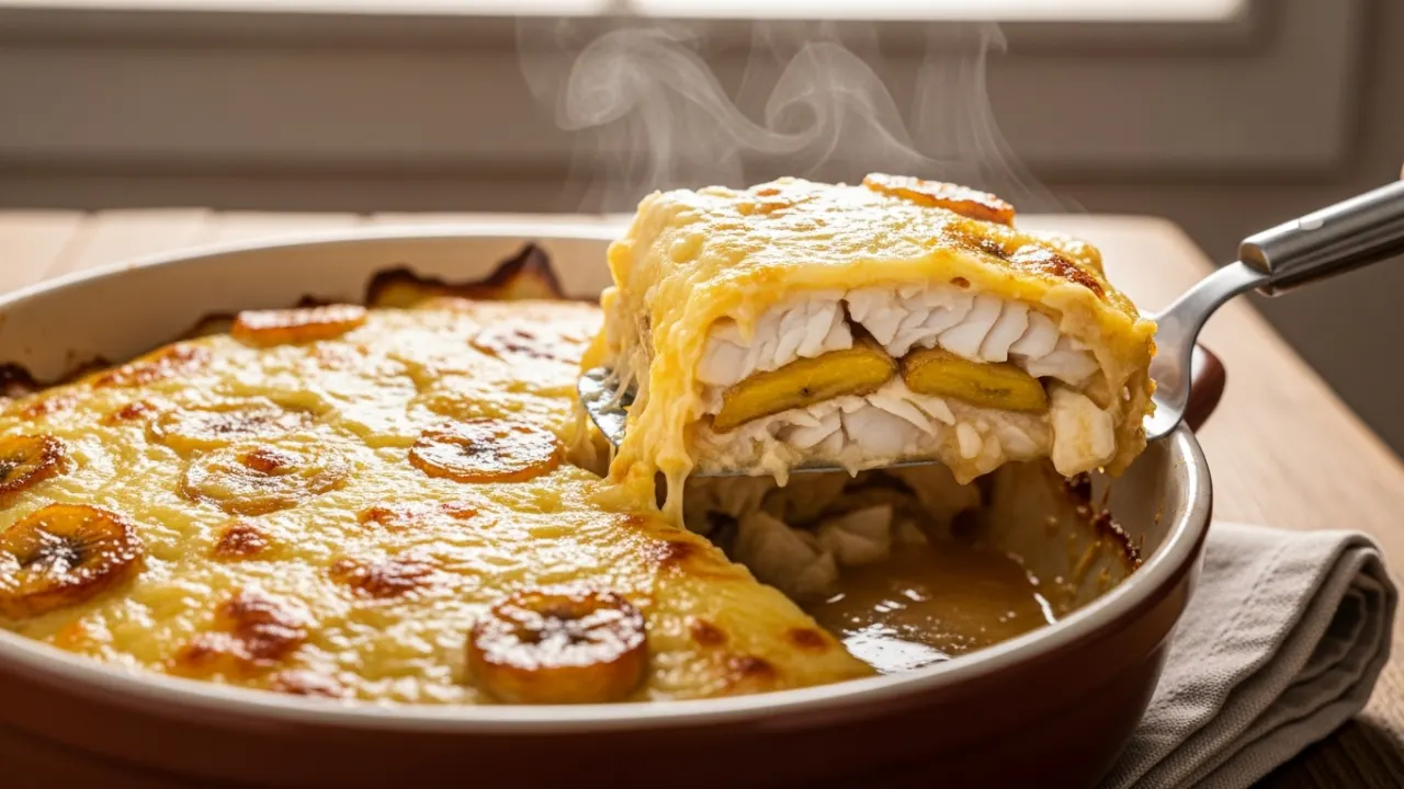 Porção de peixe à delícia gratinado sendo servida, mostrando o interior cremoso com peixe branco, banana e a cobertura de queijo dourado borbulhante.