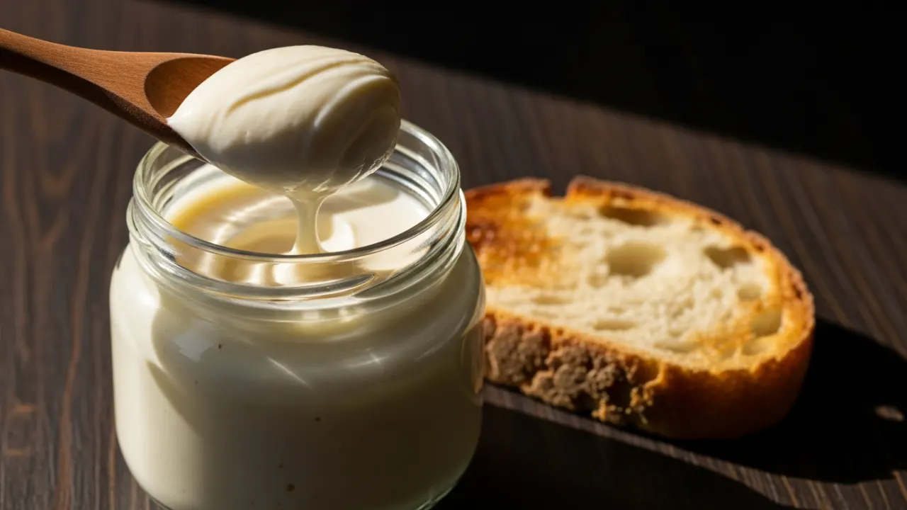 Pote de vidro com requeijão caseiro cremoso e brilhante, com uma colher de pau pegando uma porção, ao lado de pão torrado em uma mesa de madeira.