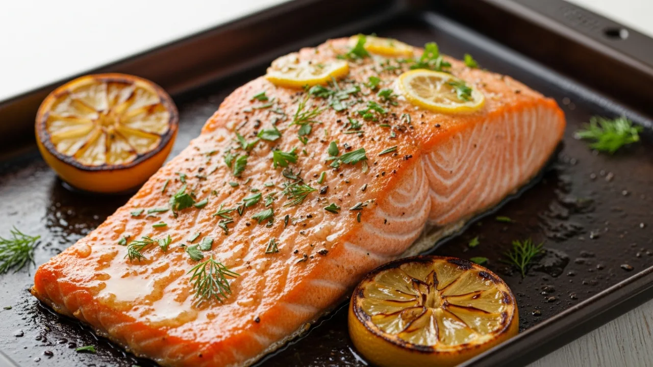 Close-up de um filé de salmão assado suculento, com a superfície dourada e brilhante coberta por um molho de manteiga, ervas frescas picadas e rodelas de limão ao lado.