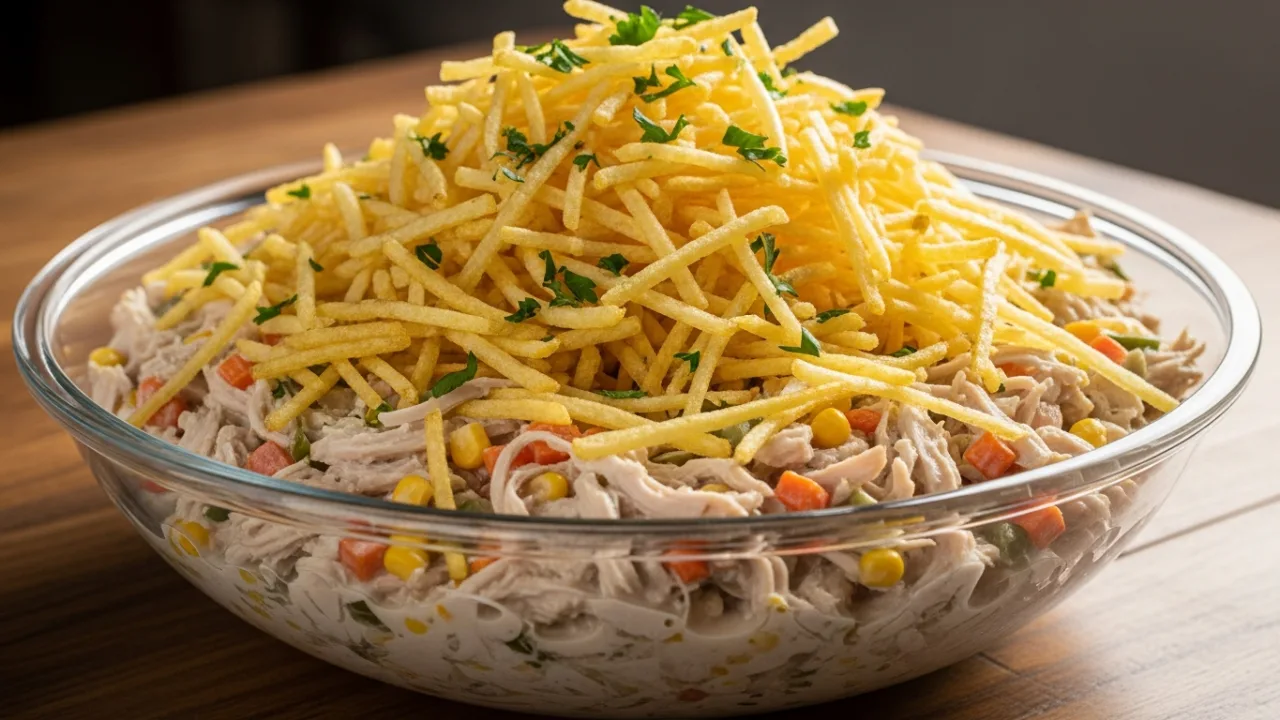 Close-up de um salpicão de frango simples e cremoso em uma travessa de vidro, coberto com uma camada generosa de batata palha crocante.