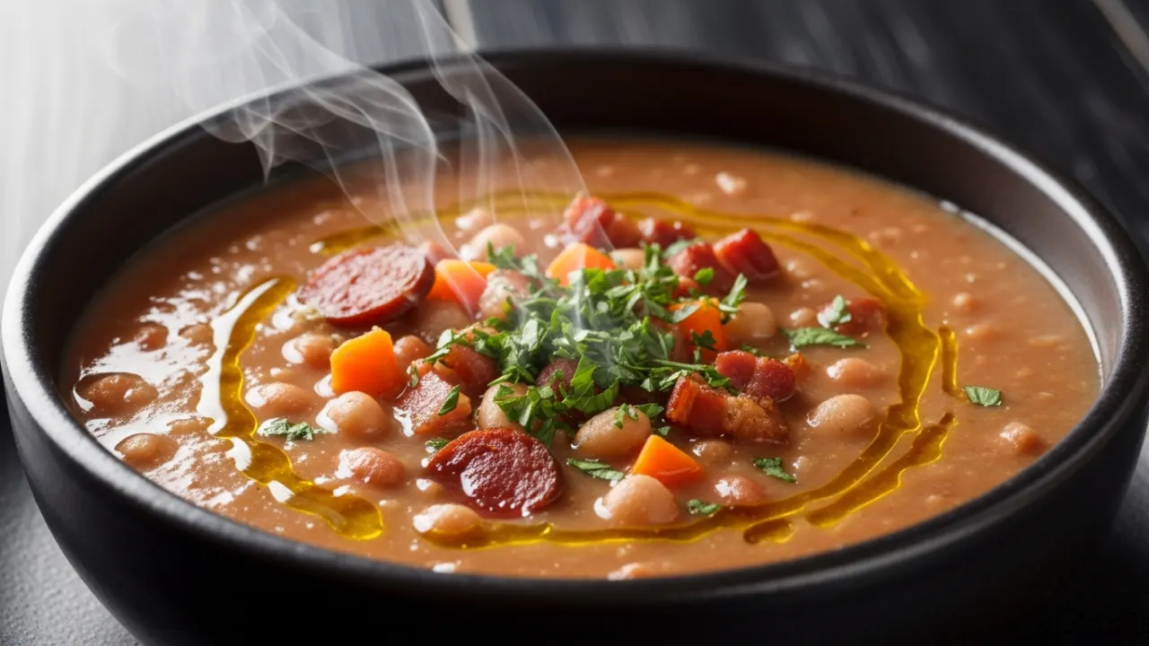 Tigela de cerâmica com sopa de feijão cremosa e fumegante, guarnecida com cheiro-verde picado e pedacinhos de linguiça e bacon.
