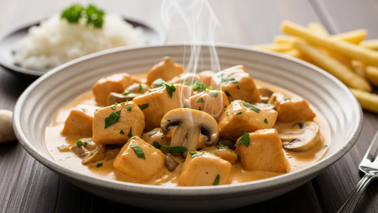Prato fundo branco com strogonoff de frango cremoso, com pedaços de frango e cogumelos em um molho aveludado, servido com arroz branco e batata palha ao lado.