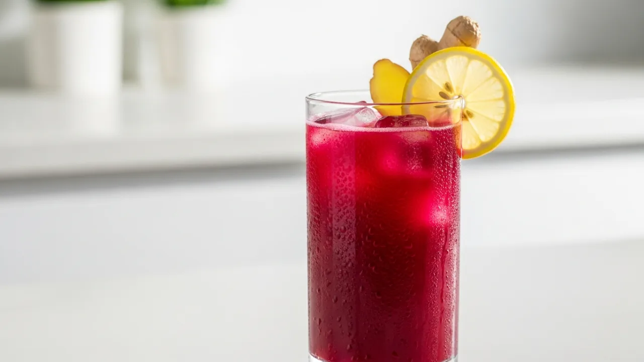 Copo alto de vidro com suco de beterraba com limão e gengibre bem gelado, mostrando gotículas de condensação e cubos de gelo. O copo é guarnecido com uma fatia de limão ao lado.
