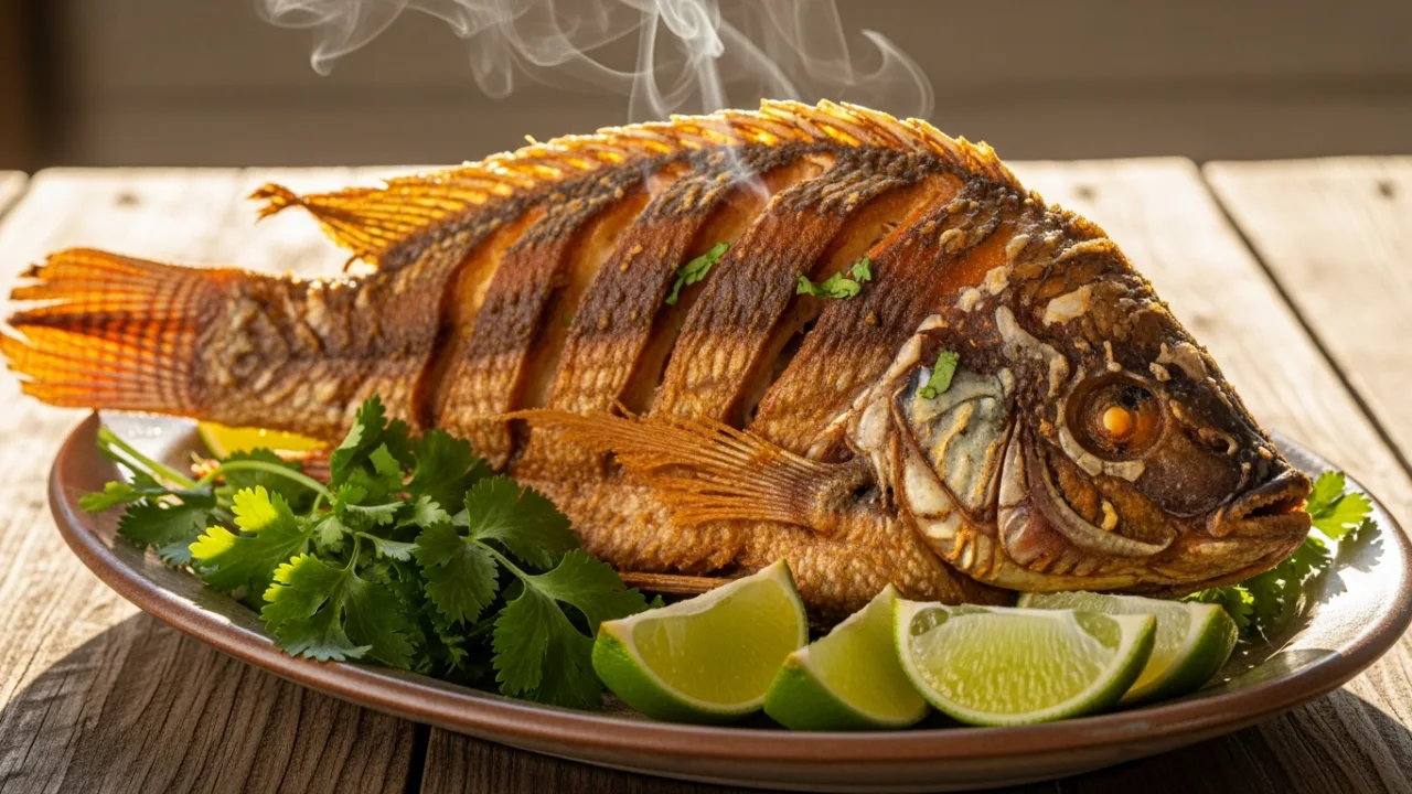 Uma tilápia frita do inteiro crocante e dourada, servida em uma travessa rústica com gomos de limão fresco e cheiro-verde salpicado por cima.