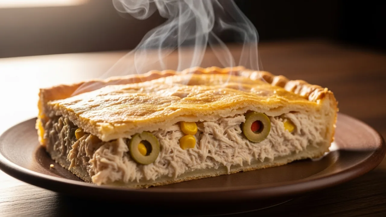 Fatia retangular e dourada da receita de torta de frango fácil de liquidificador, mostrando o recheio cremoso de frango desfiado em um prato de cerâmica.