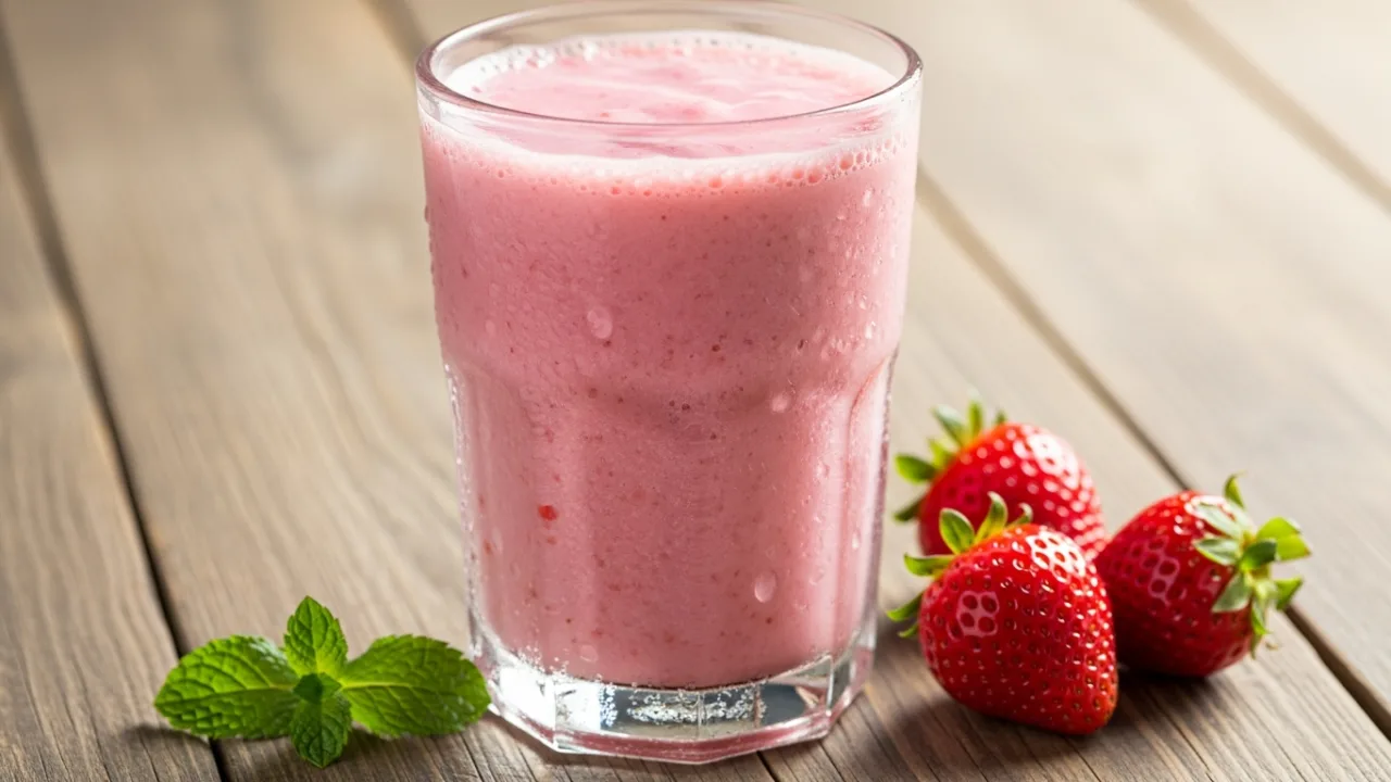 Copo de vidro com vitamina de morango cremosa e gelada, com gotículas de condensação escorrendo e morangos frescos ao lado sobre uma mesa de madeira.